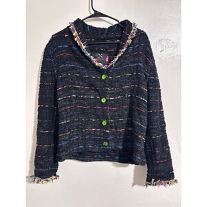 Gretel Underwood‎ Santa Fe Black Tweed Jacket Colorful Trim Button Down Coat VTG